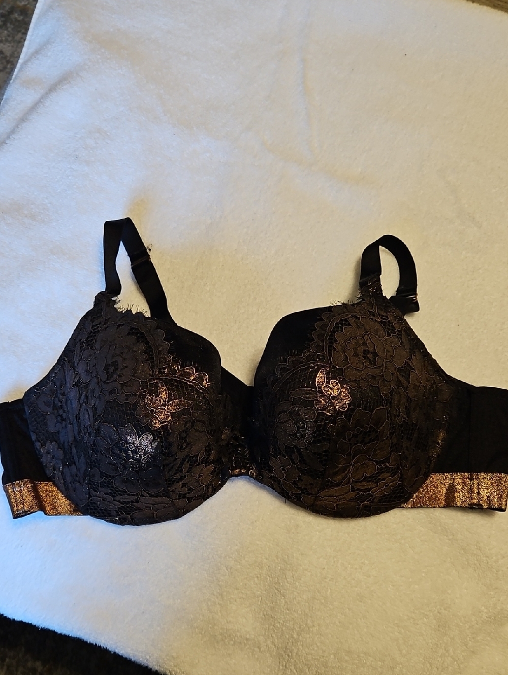 Cacique Black Lace Bra with Metallic Bronze Accents